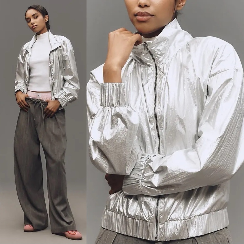 NWT Anthropologie Daily Practice Metallic Full Zip Track Bomber Jacket Size XL
